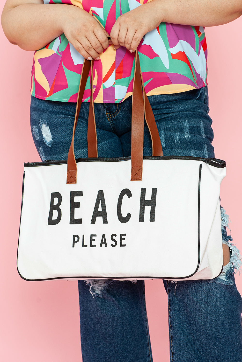 BEACH PLEASE WHITE LRG CANVAS TOTE BAG
