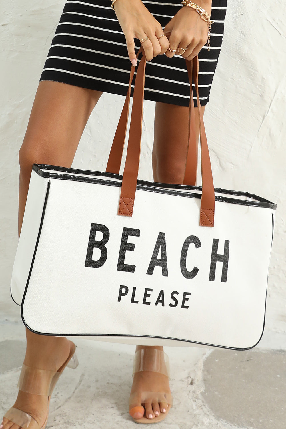 BEACH PLEASE WHITE LRG CANVAS TOTE BAG