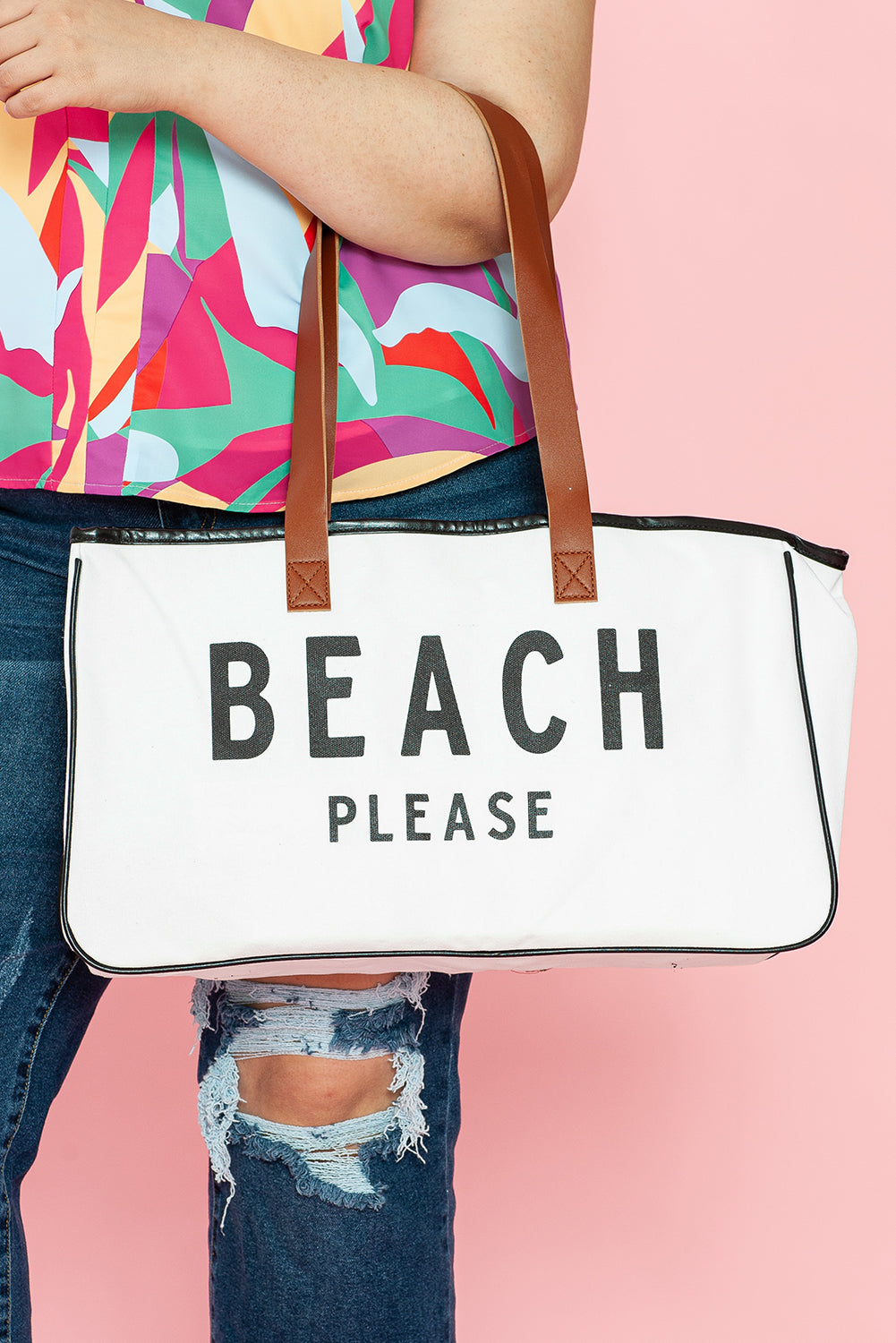 BEACH PLEASE WHITE LRG CANVAS TOTE BAG