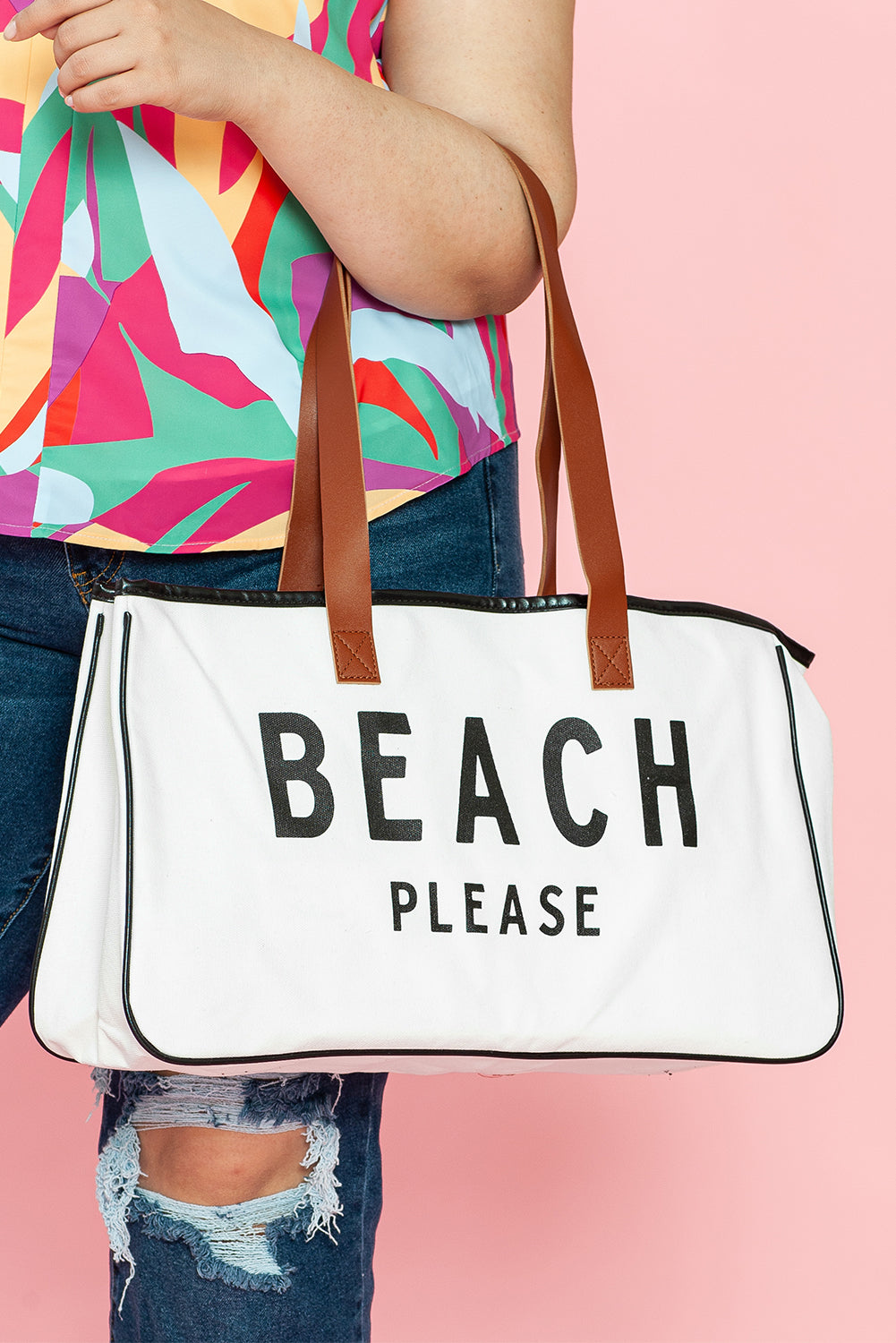 BEACH PLEASE WHITE LRG CANVAS TOTE BAG